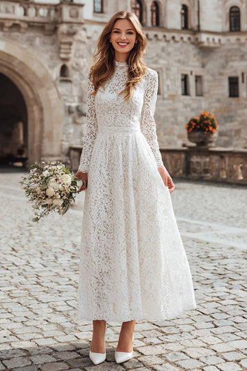 Long Sleeve A Line Ivory High Neck Engagement Dress